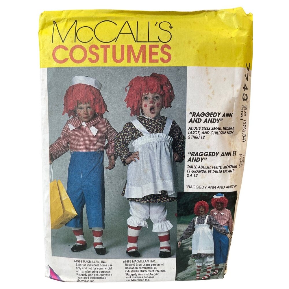 McCalls Sewing Pattern 7743 Costumes Raggedy Ann Andy Sizes 32.5-34 bust/chest